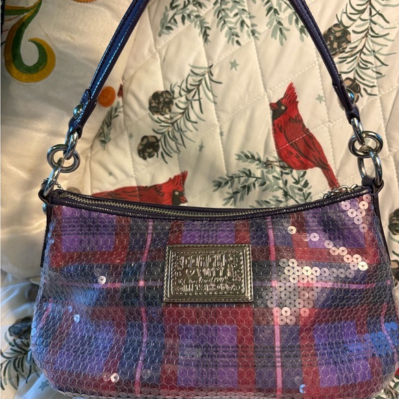 Coach Poppy sequins shimmer bag purple plaid shoulder purse special edition - Picture 3 of 12
